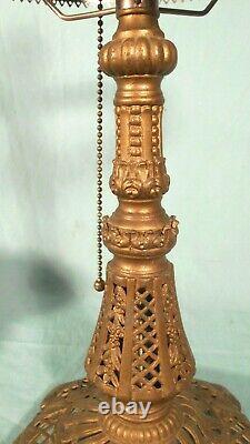 Antique Victorian Art Nouveau Metal Lamp Base With Milk Glass Shade