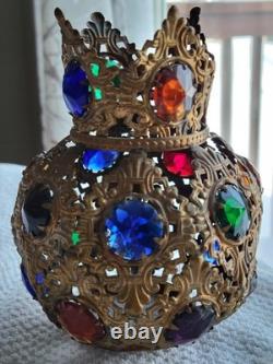 Antique Victorian Arts & Crafts Brass Filagree 18 Jewels Candle Lamp Shade Nice