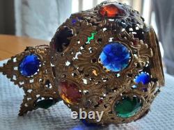 Antique Victorian Arts & Crafts Brass Filagree 18 Jewels Candle Lamp Shade Nice