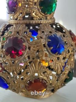 Antique Victorian Arts & Crafts Brass Filagree 18 Jewels Candle Lamp Shade Nice