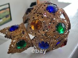 Antique Victorian Arts & Crafts Brass Filagree 18 Jewels Candle Lamp Shade Nice