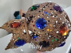 Antique Victorian Arts & Crafts Brass Filagree 18 Jewels Candle Lamp Shade Nice