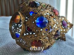 Antique Victorian Arts & Crafts Brass Filagree 18 Jewels Candle Lamp Shade Nice
