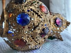 Antique Victorian Arts & Crafts Brass Filagree 18 Jewels Candle Lamp Shade Nice