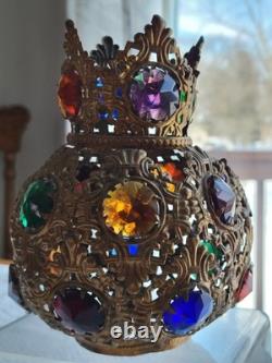 Antique Victorian Arts & Crafts Brass Filagree 18 Jewels Candle Lamp Shade Nice