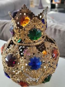 Antique Victorian Arts & Crafts Brass Filagree 18 Jewels Candle Lamp Shade Nice