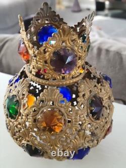 Antique Victorian Arts & Crafts Brass Filagree 18 Jewels Candle Lamp Shade Nice