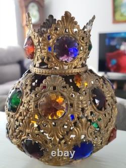 Antique Victorian Arts & Crafts Brass Filagree 18 Jewels Candle Lamp Shade Nice