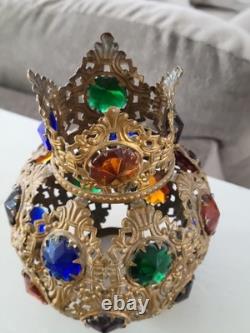 Antique Victorian Arts & Crafts Brass Filagree 18 Jewels Candle Lamp Shade Nice