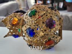 Antique Victorian Arts & Crafts Brass Filagree 18 Jewels Candle Lamp Shade Nice