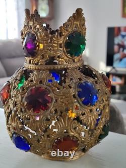 Antique Victorian Arts & Crafts Brass Filagree 18 Jewels Candle Lamp Shade Nice