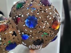 Antique Victorian Arts & Crafts Brass Filagree 18 Jewels Candle Lamp Shade Nice