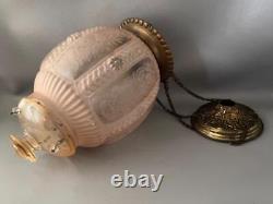 Antique Victorian Brass Pink Etched Glass Hanging Chandelier Lamp Lantern Shade