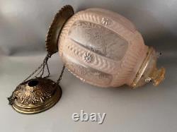 Antique Victorian Brass Pink Etched Glass Hanging Chandelier Lamp Lantern Shade