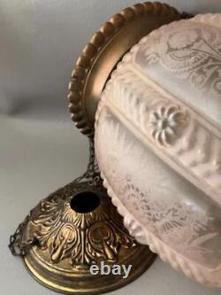 Antique Victorian Brass Pink Etched Glass Hanging Chandelier Lamp Lantern Shade