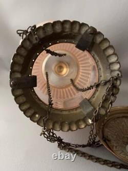 Antique Victorian Brass Pink Etched Glass Hanging Chandelier Lamp Lantern Shade