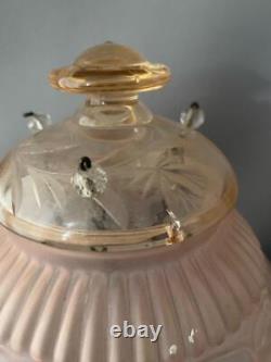 Antique Victorian Brass Pink Etched Glass Hanging Chandelier Lamp Lantern Shade