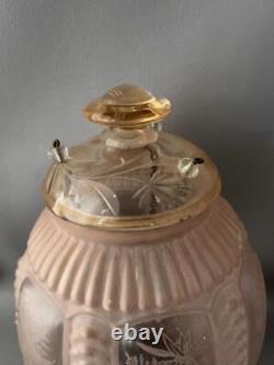 Antique Victorian Brass Pink Etched Glass Hanging Chandelier Lamp Lantern Shade