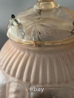 Antique Victorian Brass Pink Etched Glass Hanging Chandelier Lamp Lantern Shade