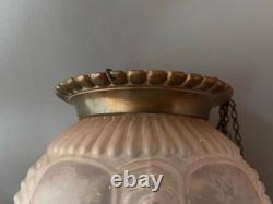 Antique Victorian Brass Pink Etched Glass Hanging Chandelier Lamp Lantern Shade