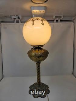 Antique Victorian Brass Table Lamp With Ornate Base And Milk Glass Globe Shade