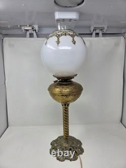 Antique Victorian Brass Table Lamp With Ornate Base And Milk Glass Globe Shade