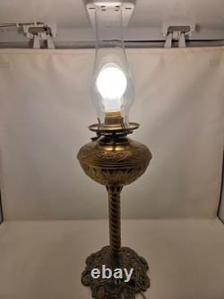 Antique Victorian Brass Table Lamp With Ornate Base And Milk Glass Globe Shade