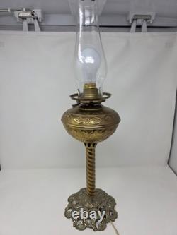 Antique Victorian Brass Table Lamp With Ornate Base And Milk Glass Globe Shade