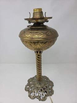 Antique Victorian Brass Table Lamp With Ornate Base And Milk Glass Globe Shade