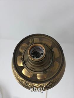 Antique Victorian Brass Table Lamp With Ornate Base And Milk Glass Globe Shade