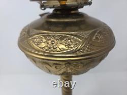 Antique Victorian Brass Table Lamp With Ornate Base And Milk Glass Globe Shade