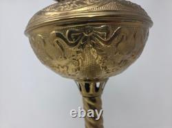 Antique Victorian Brass Table Lamp With Ornate Base And Milk Glass Globe Shade