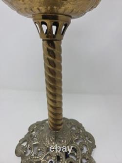 Antique Victorian Brass Table Lamp With Ornate Base And Milk Glass Globe Shade