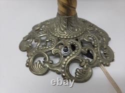 Antique Victorian Brass Table Lamp With Ornate Base And Milk Glass Globe Shade