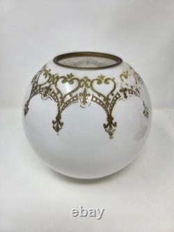 Antique Victorian Brass Table Lamp With Ornate Base And Milk Glass Globe Shade