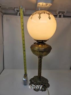 Antique Victorian Brass Table Lamp With Ornate Base And Milk Glass Globe Shade