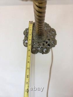 Antique Victorian Brass Table Lamp With Ornate Base And Milk Glass Globe Shade