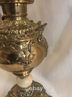 Antique Victorian Electrified Parlor Lamp Ornate Brass Onyx Glass Shade 31.5