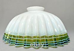 Antique Victorian French Milk Opaline Glass Lamp Shade Green Ruffled Skirt Rim