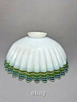 Antique Victorian French Milk Opaline Glass Lamp Shade Green Ruffled Skirt Rim