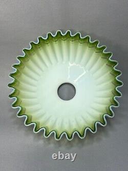 Antique Victorian French Milk Opaline Glass Lamp Shade Green Ruffled Skirt Rim