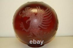 Antique Victorian Gwtw Ruby Red Old Glass Chinese Japanese Dragon Oil Lamp Shade