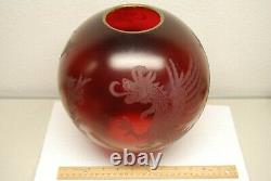 Antique Victorian Gwtw Ruby Red Old Glass Chinese Japanese Dragon Oil Lamp Shade