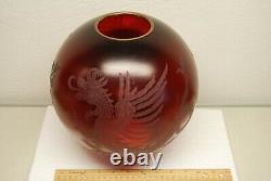 Antique Victorian Gwtw Ruby Red Old Glass Chinese Japanese Dragon Oil Lamp Shade