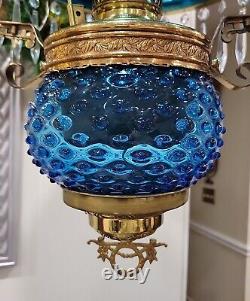 Antique Victorian Hanging Parlor Oil Lamp Blue Hobnail Shade, Font, Chimney Rare