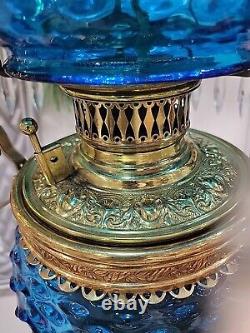 Antique Victorian Hanging Parlor Oil Lamp Blue Hobnail Shade, Font, Chimney Rare