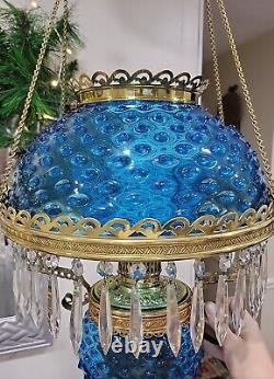 Antique Victorian Hanging Parlor Oil Lamp Blue Hobnail Shade, Font, Chimney Rare