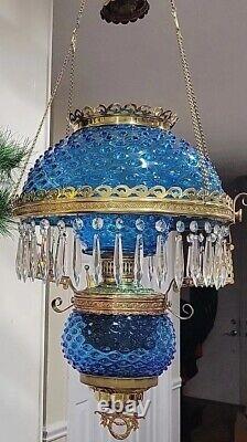 Antique Victorian Hanging Parlor Oil Lamp Blue Hobnail Shade, Font, Chimney Rare