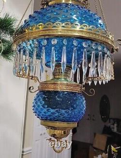 Antique Victorian Hanging Parlor Oil Lamp Blue Hobnail Shade, Font, Chimney Rare