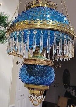Antique Victorian Hanging Parlor Oil Lamp Blue Hobnail Shade, Font, Chimney Rare